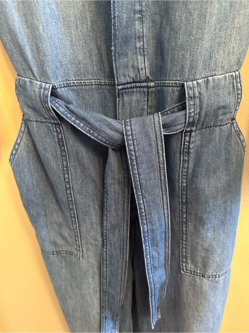 &Denim Chambray Belted Wide Leg Jumpsuit Women's Medium Button Front Sz 8 - Picture 5 of 14